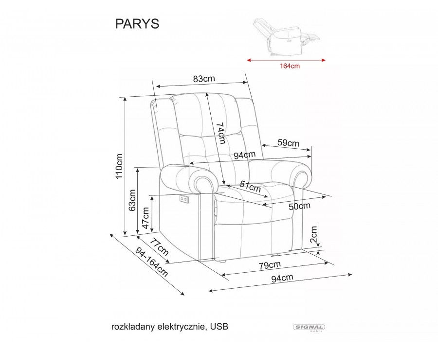 Крісло реклайнер електричне Parys Raven Сіра тканина / Чорний каркас