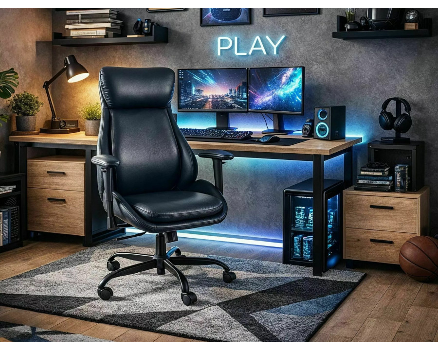 Крісло офісне комп'ютерне поворотне Q-092 Темно-синя екошкіра / Чорний каркас