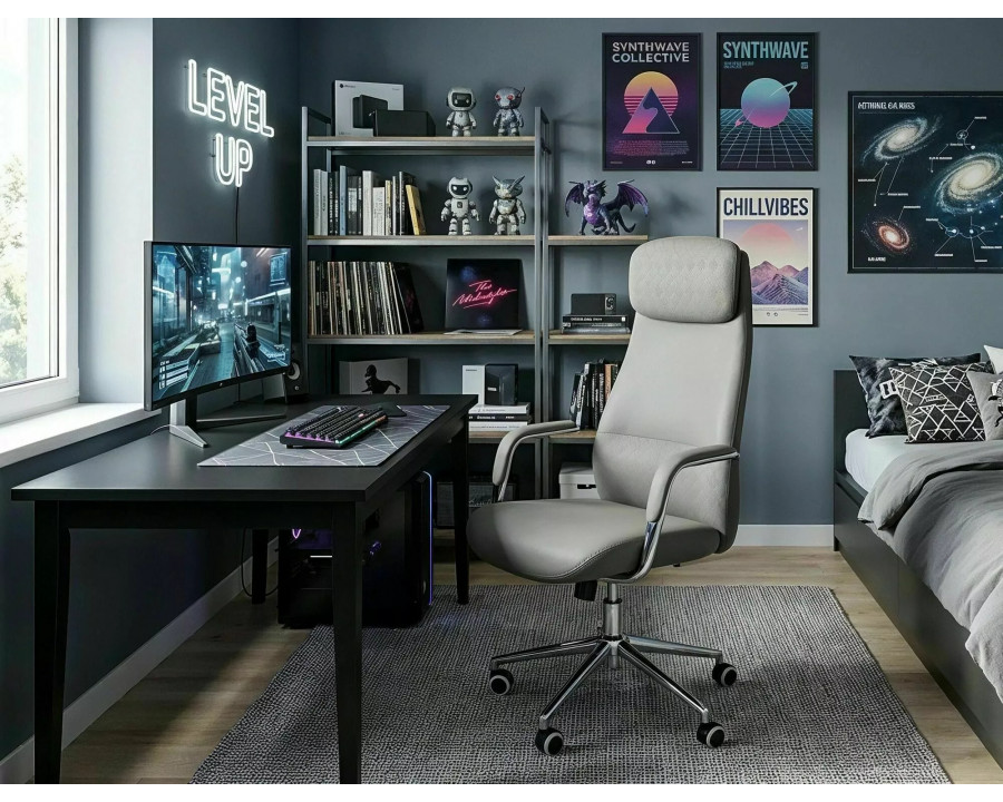 Крісло офісне комп'ютерне поворотне Q-05 Сіра екошкіра / Хром каркас