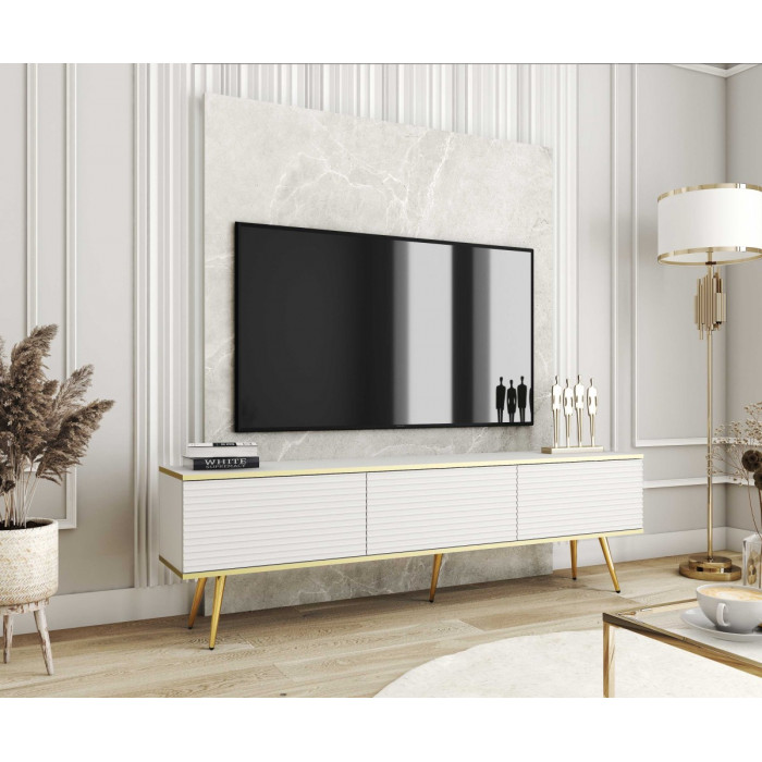 Тумба під телевізор Оро / Oro 3-дверна з золотими ніжками RTV175 MDF Білий Ш175xВ53 см.