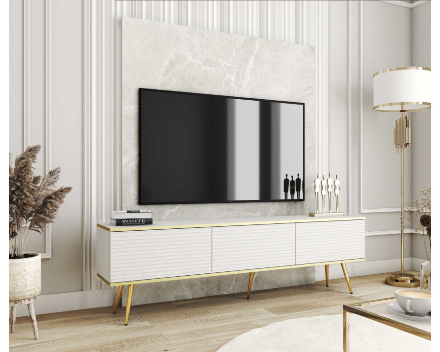 Тумба під телевізор Оро / Oro 3-дверна з золотими ніжками RTV175 MDF Білий Ш175xВ53 см.