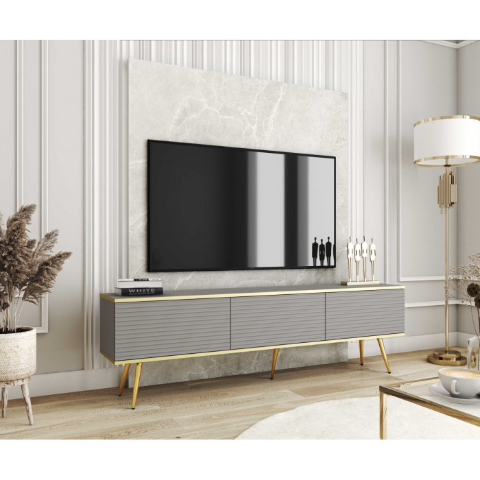 Тумба під телевізор Оро / Oro 3-дверна з золотими ніжками RTV175 MDF Сірий Ш175xВ53 см.