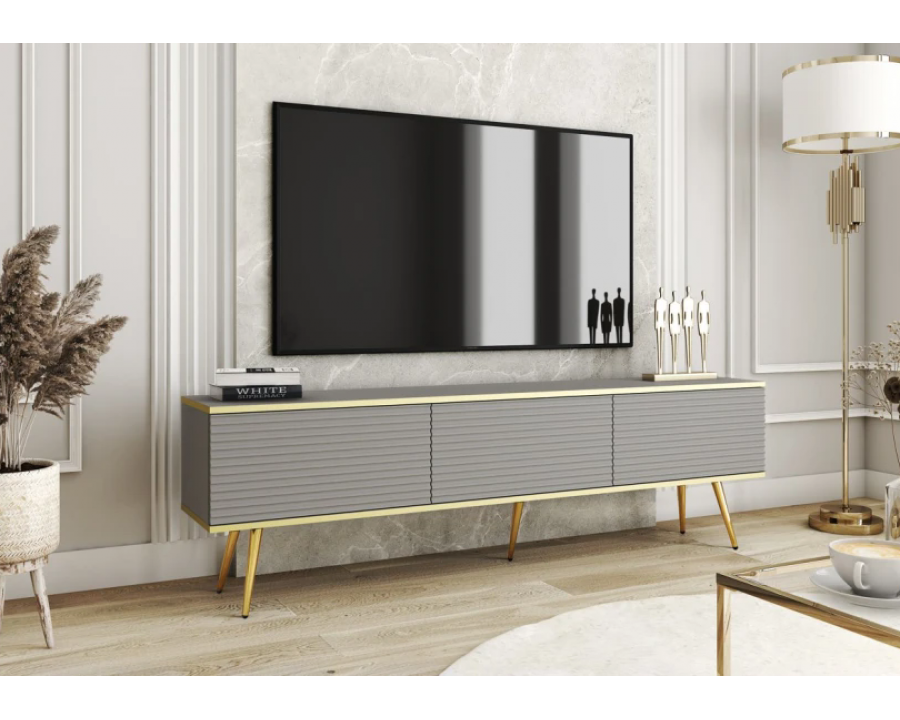 Тумба під телевізор Оро / Oro 3-дверна з золотими ніжками RTV175 MDF Сірий Ш175xВ53 см.