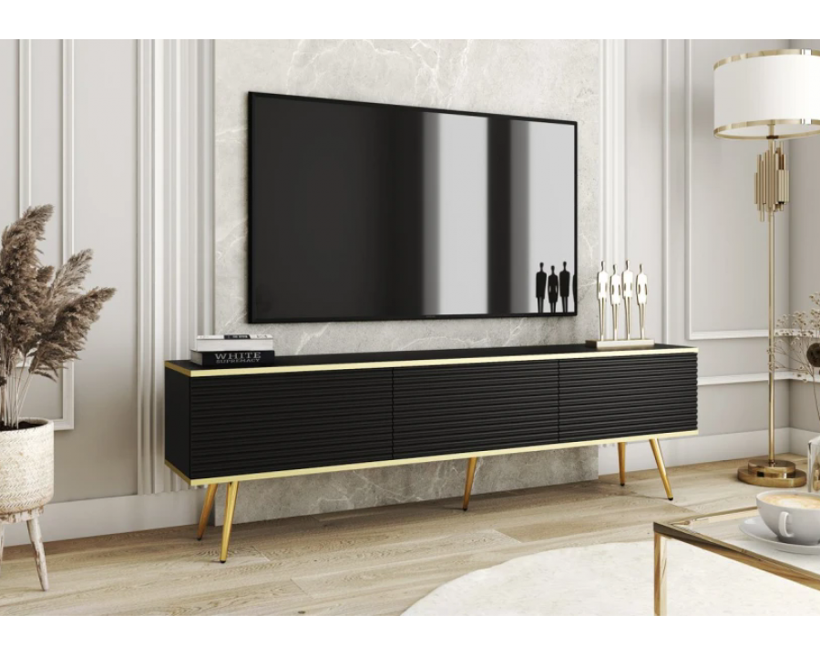 Тумба під телевізор Оро / Oro 3-дверна з золотими ніжками RTV175 MDF Чорний Ш175xВ53 см.