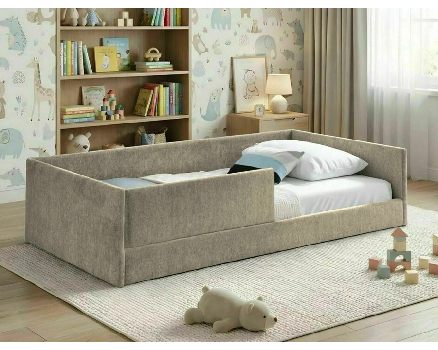 Ліжко односпальне м'яке Leo Raven 90×180 Темно-бежева тканина