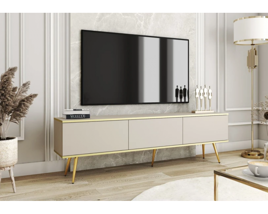 Тумба під телевізор Оро / Oro 3-дверна з золотими ніжками RTV175 Бежевий Ш175xВ53 см.