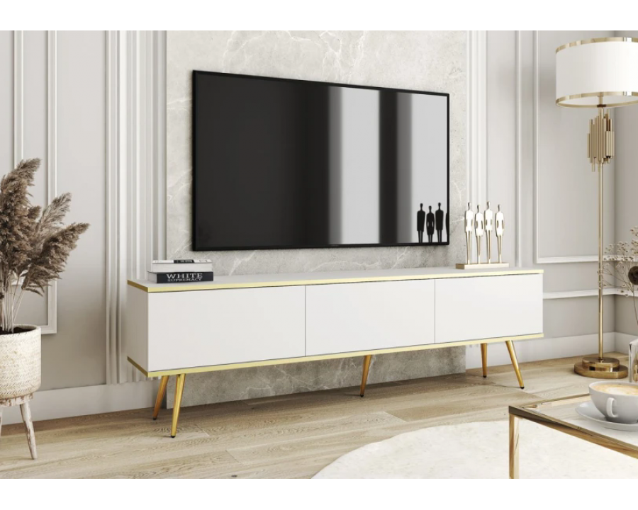 Тумба під телевізор Оро / Oro 3-дверна з золотими ніжками RTV175 Білий Ш175xВ53 см.