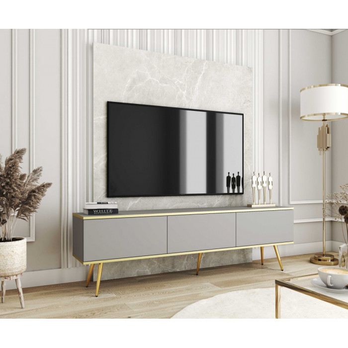 Тумба під телевізор Оро / Oro 3-дверна з золотими ніжками RTV175 Сірий Ш175xВ53 см.