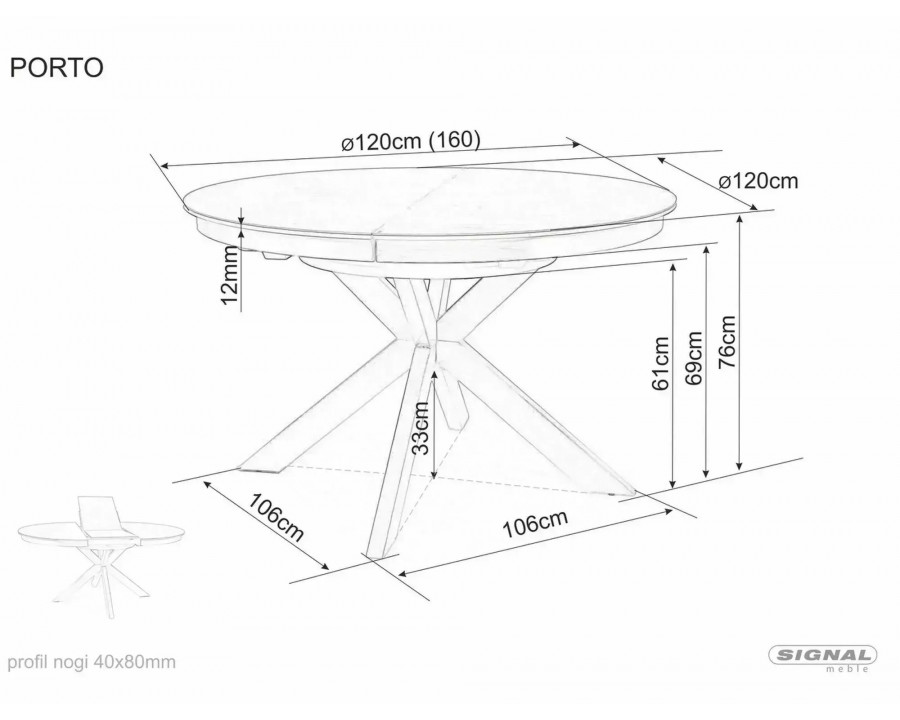 Стіл обідній кухонний розкладний Porto Ceramic (120–160)×120 см Кераміка Білий / Чорний каркас