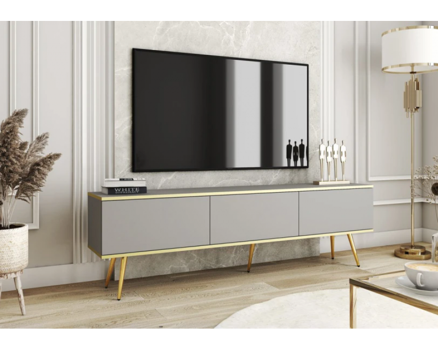 Тумба під телевізор Оро / Oro 3-дверна з золотими ніжками RTV175 Сірий Ш175xВ53 см.