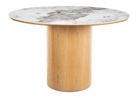 Стіл обідній кухонний Rondo Ceramic ø120 см МДФ + кераміка Білий / Дуб каркас