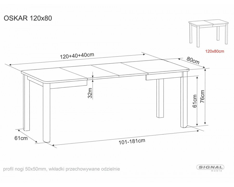 Стіл обідній кухонний розкладний Oskar (120–200)×80 см Ламінована плита Дуб / Чорний каркас