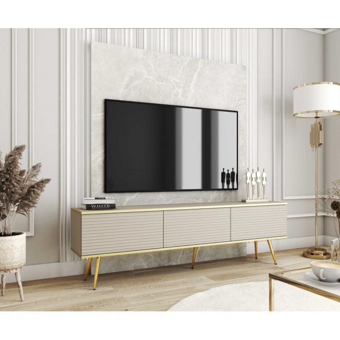 Тумба під телевізор Оро / Oro 3-дверна з золотими ніжками RTV175 MDF Бежевий Ш175xВ53 см.